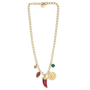 Camelian Horn Link necklace with Pink Tourmaline Onyx & Quartz charm